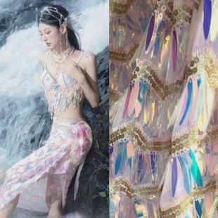 New Phantom Pink Champagne Color Wave Tassel Sequin Fabric Sword Sequin Embroidered Dance Dress Fabric