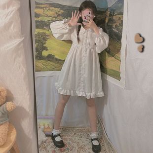 Lolita Dress Fairy Dress Student Japanese Style Soft Girl Doll Collar Lace-up Bubble Long-sleeved Ruffled Dress for Women