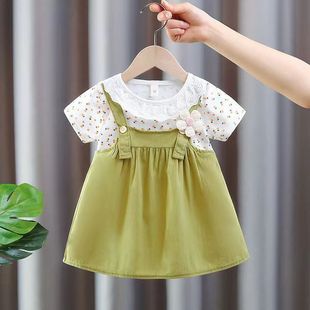 2025 Summer New Girls Crewneck dress Girl Baby Cotton Fashion Sling Fake Two-piece Princess Dress