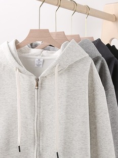 Chinese cotton zipper sweater hooded cardigan men's and women's same spring and autumn sports sweater fleece-lined thick long sleeve coat solid color