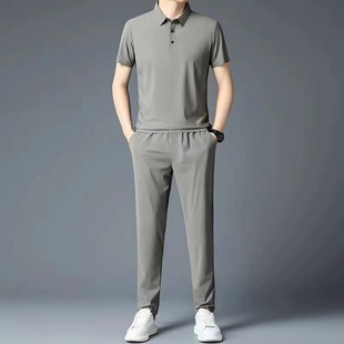 2024 ice feeling running sportswear suit men's summer thin ice silk lapel t-shirt men's leisure suit wholesale
