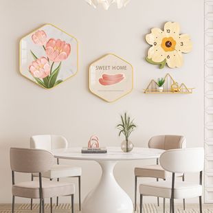Restaurant Decorative Painting Nordic Small Fresh Combination Hanging Painting Creative Flower Wall Clock Dining Room Background Wall Wall Mural on Six Sides