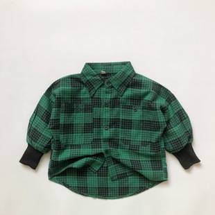 South Korea children's clothing for boys and girls plaid long sleeve shirt spring and autumn new children's lapel shirt cardigan cotton retro fashion