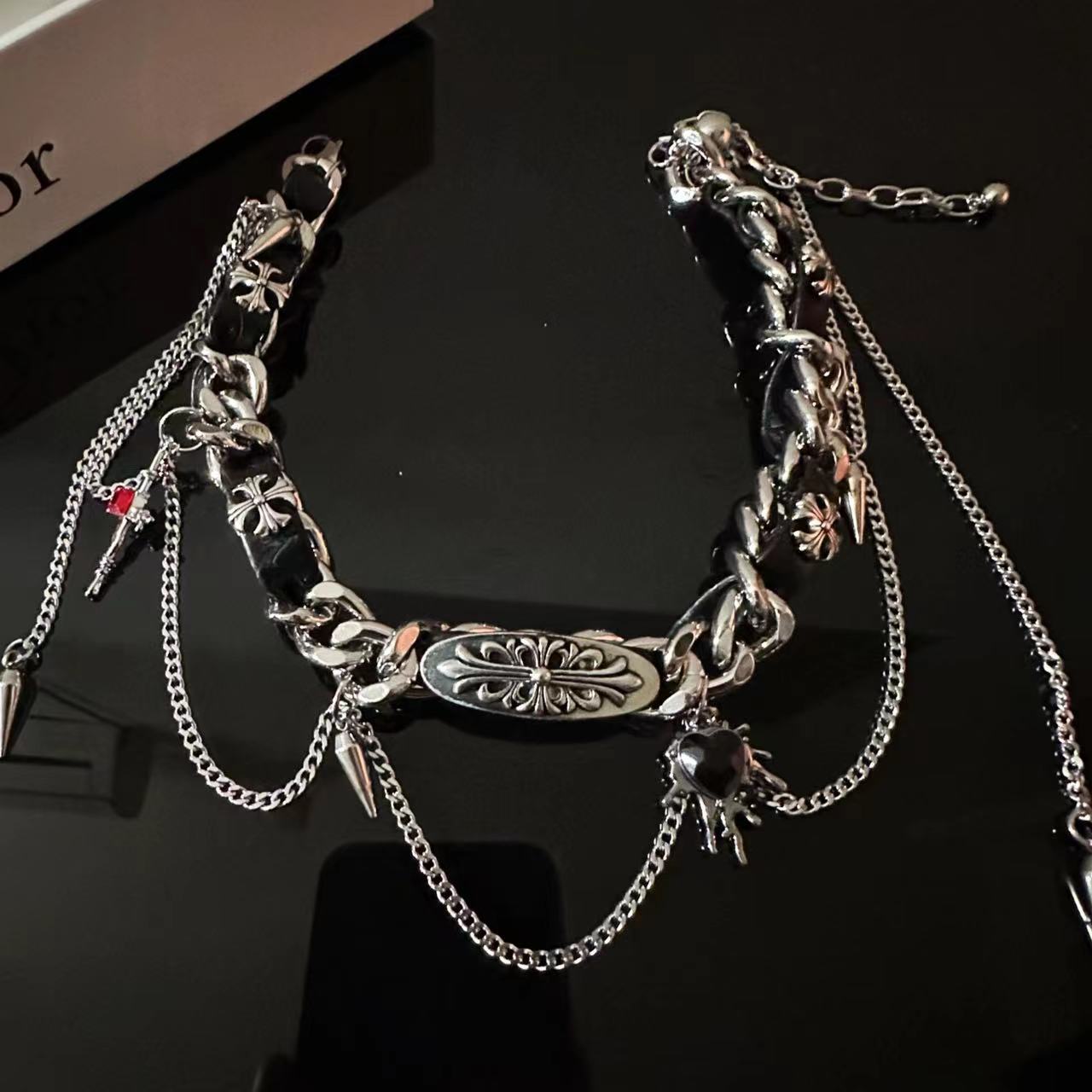 Trendy cool hot girl leather metal cross heart tassel necklace women's design high-grade fashion bracelet clavicle chain