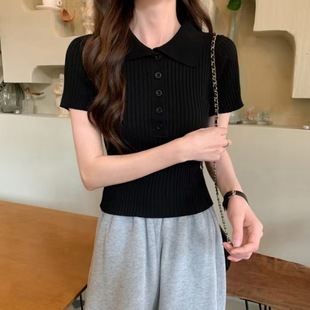 2023 New Summer Short-sleeved Korean Solid Color Basic Short Short-sleeved POLO Collar Sweater Women's Cardigan Top