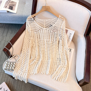 2025 Spring and Summer New Pullover Top Loose Ear-frilly Design Slimming Long-sleeved Hollow Sweater for Women
