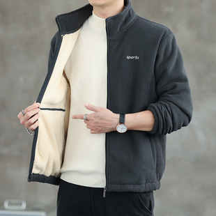 Polar fleece cardigan sweater men's spring and autumn fashion brand lambswool thickened fleece-lined winter heavy coat top clothes