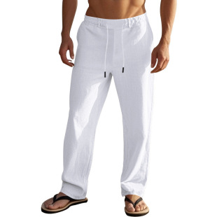 2024 Amazon Cross-border New American Drawstring Men's Simple Fashion Solid Color Casual Cotton and Linen Straight Pants Men