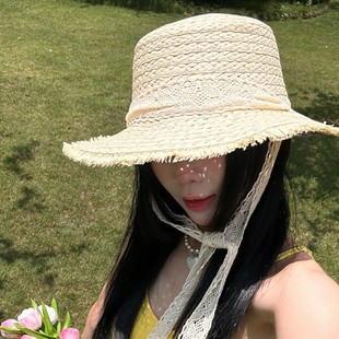Japanese Style Fresh Style Lace Ribbon Flat Straw Hat Women's Summer New Seaside Holiday Sunshade Beach Hat