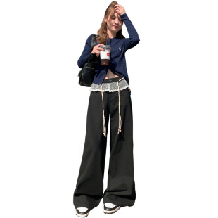 [Jinyin] Lace Stitching Black All-match Straight Casual Pants Women's Autumn and Winter New Drawstring Loose Trousers