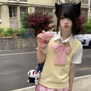 Set of Preppy Style V Neck Knitwear, Vest, Versatile Layered Shirt, New Candy Jk Skirt, Sweet Outfit