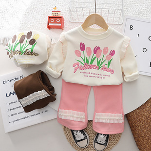Children's Clothing suit Spring and Autumn New Princess Style Round Neck Tulip Sweatshirt Lace Trousers Baby Girl Styline Two-piece Set