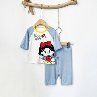 Bunny Summer Ice Silk Cool Pajamas Cropped Sleeve Cropped Pants Air-conditioning Suit Round Neck Children's Home Clothes