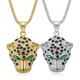 European and American Cross-border New Hip-hop Stainless Steel Green Red Diamond Eye Leopard Head Pendant Fashion Brand Jewelry Necklace for Men and Women