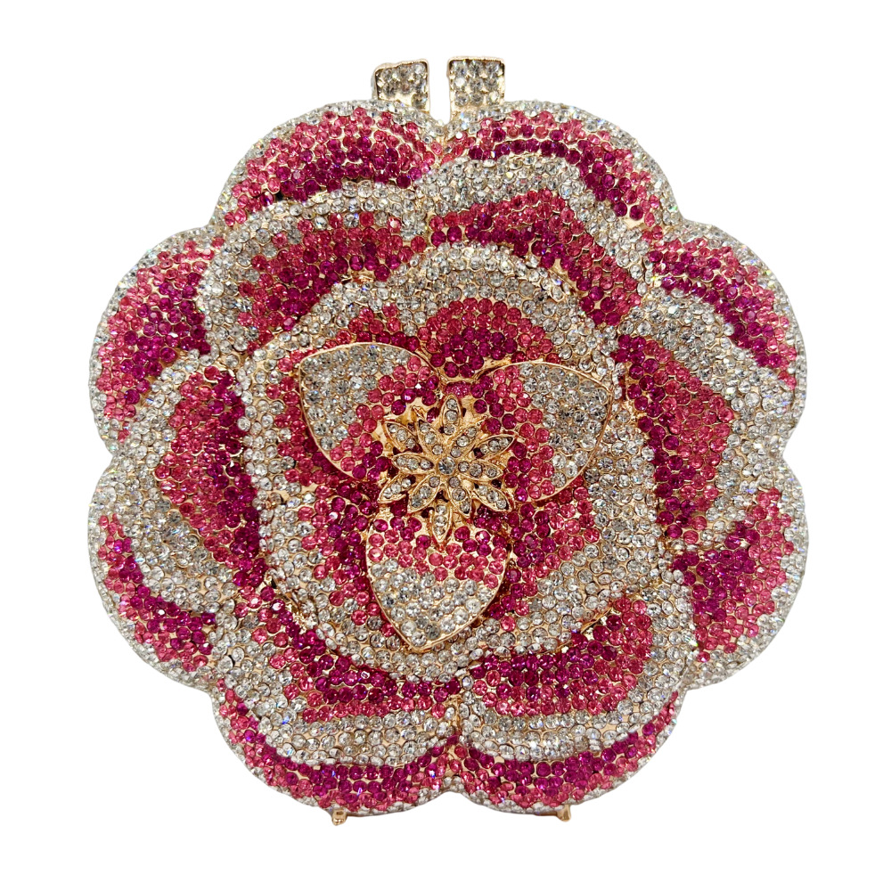 Clutch cross-border best-selling rose rhinestone bag, hollowed-out metal and crystal evening bag, export-grade diamond-encrusted clutch for women.
