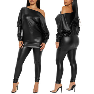 F1799 Amazon cross-border European and American autumn and winter New black off-neck leather clothing fashion tight trousers suit