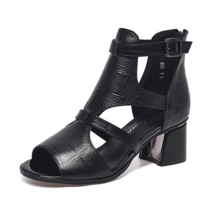 2024 new summer Roman sandals women's chunky heel peep toe high heels summer hollow-out short boots Women's Mid Heel real leather shoes