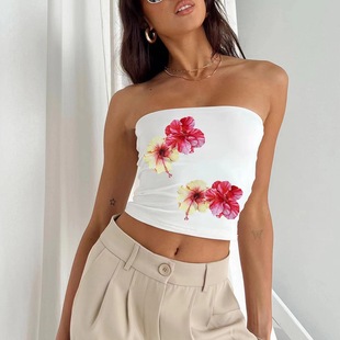 2024 Cross-border European and American Style Summer Women's Clothing Personalized Street Flower Print Sexy Navel-baring Chest Wrap