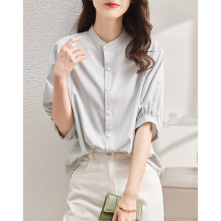 Vintage Hong Kong Style Stand Collar Half Sleeve Seven Striped Shirt Women's 2023 Summer New Design Sense Loose Thin Shirt