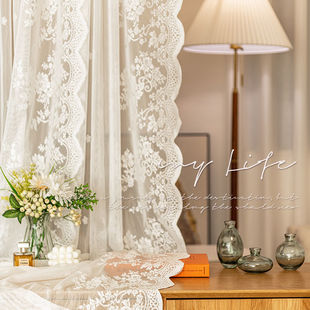 Punch-free Velcro Installation Korean-style Lace Curtain Window Screen White Gauze Curtain Bay Window Living Room Bedroom Balcony Partition Curtain