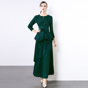 Miyake Irregular Top Long Large Swing Skirt suit Women's Autumn High-end Pleated plus size Skirt Two-piece Set