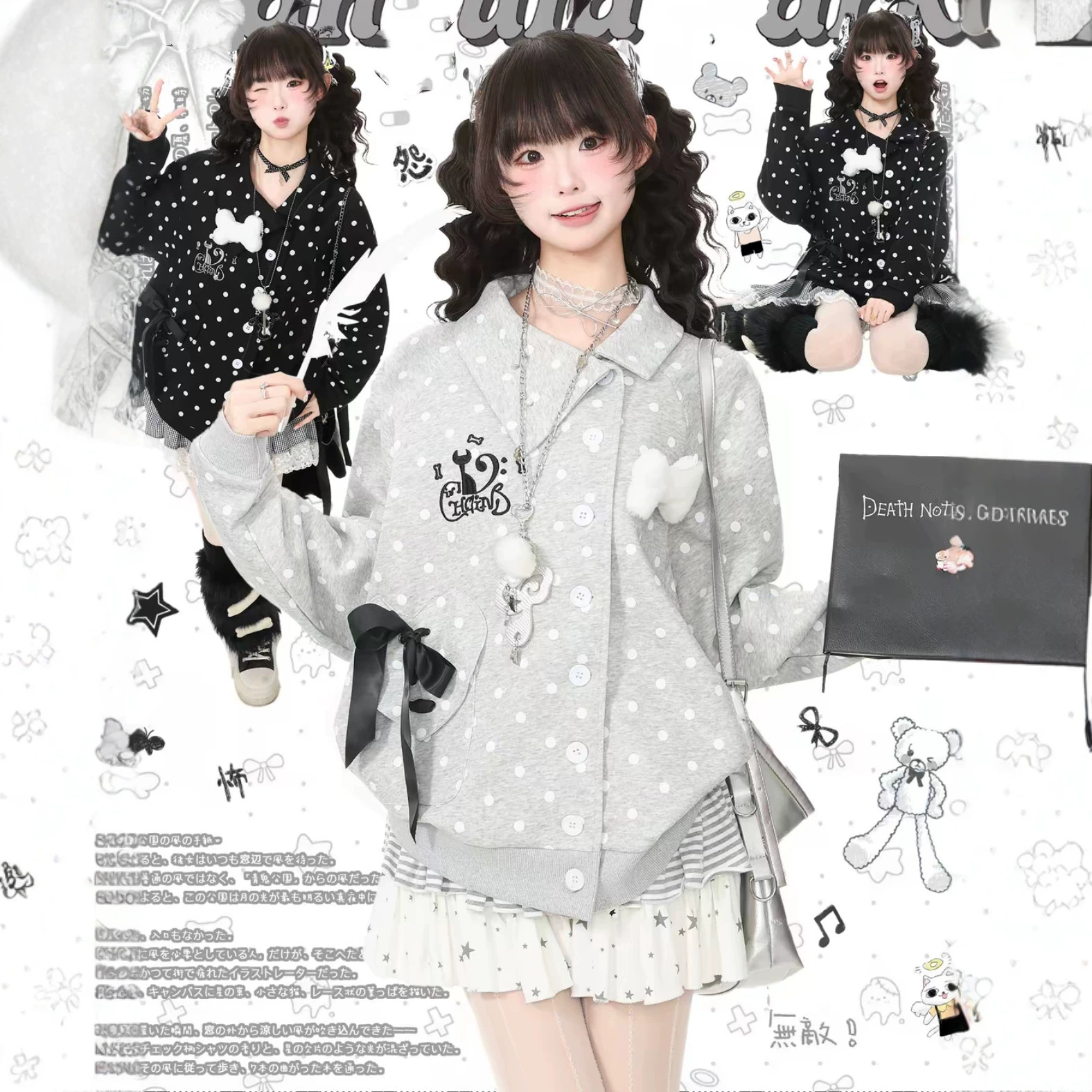 Polka Dot Bow Tie Asymmetrical Design Long Sleeve Coat for Women, New Spring and Autumn Cardigan Top Jacket