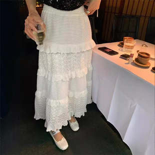 White Skirt for Women, Winter High-Waisted A-Line Skirt, Cake Skirt, Gentle Style Long Skirt, Design Niche Crochet Skirt
