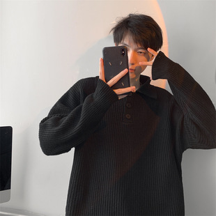 Japanese style lazy POLO collar sweater men's American style retro autumn and winter solid color simple loose men's and women's same style line clothes