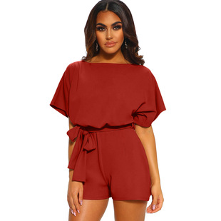 Shiying European and American Solid Color Sportswear High Waist Shorts Women's 2020 New Round Neck Short Sleeve Lace-up Jumpsuit 64515