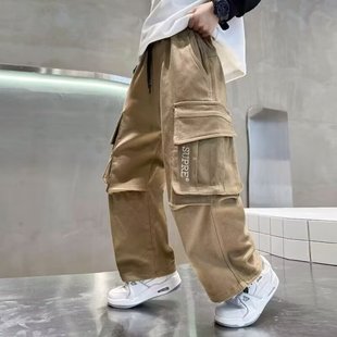 Boys' Cotton Pants 6-15 Years Old Spring and Autumn Children's Straight Trousers Boys Casual Pants Large Children's Cushion Trendy Cushion Pants