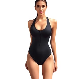 Solid Color Swimsuit Women's Beach Vacation Quick-drying Diving Suit European and American Cross-border Belly Covering Tight Zipper Swimsuit