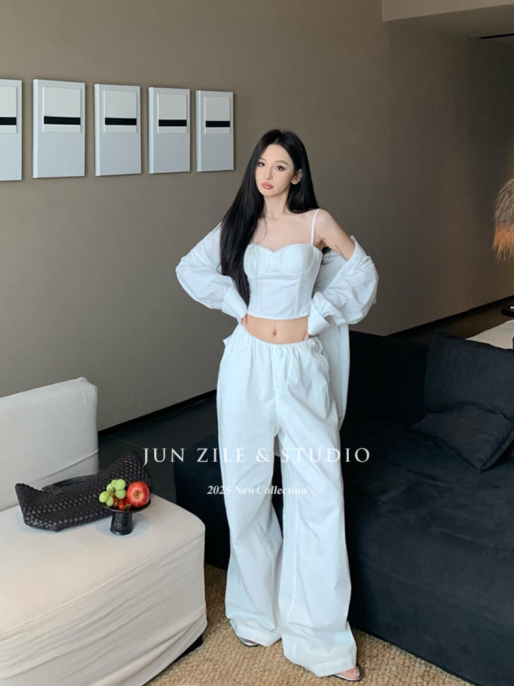 Clothes Women's Summer Suit Loose Sunscreen Shirt White Long Sleeve Shirt Camisole with Lazy Casual Pants