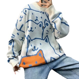 Autumn and Winter Sweater Men's Ins Hong Kong Style Loose Casual Cartoon Round Neck Sweater Fashionable Brand Student Handsome Sweater