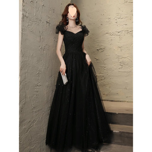 Black Evening Dress Dress Women's High-end Light Luxury High-end Banquet Host Adult Ceremony Graduation French Art Examination Performance Dress