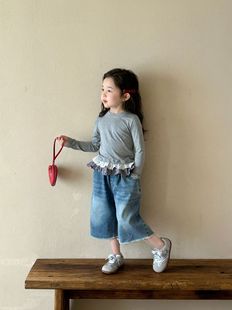 2025 spring new children's clothing Korean children's clothing girls hem lace long sleeve T-shirt fashion all-match T-shirt