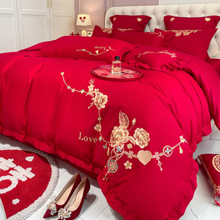 High-grade red wedding four-piece dragon and phoenix double happiness embroidered quilt cover sheets new wedding room happy wedding dowry bed