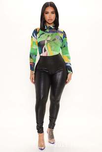 Cross-Border Foreign Trade New Women's Long-Sleeved European and American Style Mesh Contrasting Printed Slim-Fitting Bottoming Jumpsuit