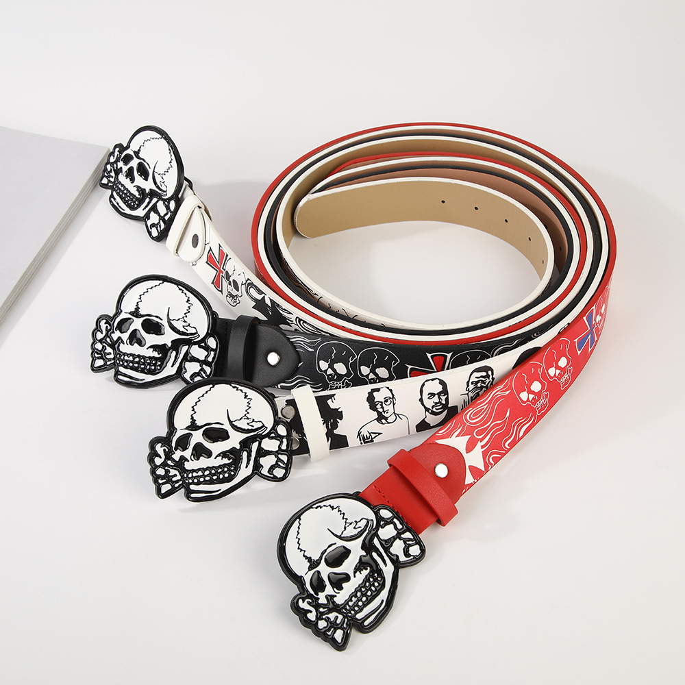 European and American Style Skull Buckle Printed Belt Halloween Skull Belt Hip-Hop Hot Girl Punk Goth Influencer Style Belt
