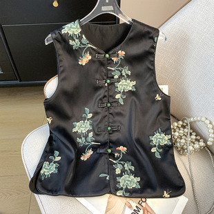 Real Shot New Chinese Style Retro Heavy Industry Improved V-Neck Buckle Hanfu Satin Embroidered Vest Cardigan Women's Coat