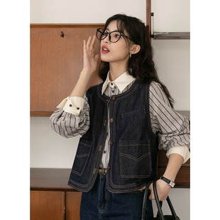 Women's waistcoat 2024 autumn and winter new vintage round neck dark blue bright line design Denim short vest
