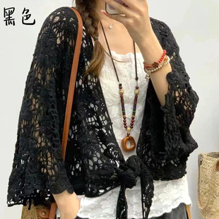 Spring and summer thin solid color hollow loose sweater cardigan outer hem lace width Joker shirt wholesale