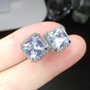 European and American style high-end luxury princess cut ice blue transparent green tourmaline earrings simple palaiba square inlaid earrings