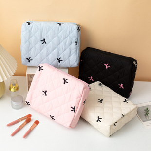 Portable Cosmetic Bag Large Capacity Bowknot Storage Portable Quilted Cotton Lovely Flower Instagram Travel for Students