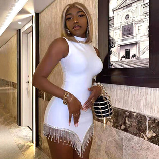 European and American cross-border hot shiny rhinestone tassel skirt sleeveless dress fashion hot party bandage dress