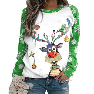 2023 European and American Foreign Trade Christmas New Elk Digital Printing Round Neck Long Sleeve Sweat Women's Loose Casual Top
