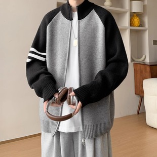 Contrast Raglan Sleeve Cardigan Sweater Men's 2024 Autumn and Winter New Korean Style Fashion Brand High-grade Sense Loose Knitted Sweater for Men