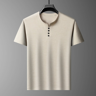 Button Crewneck Short-sleeved T-shirt Men's New Summer Moisture-wicking Short-sleeved T-shirt Solid Color All-match Polo Shirt Trend