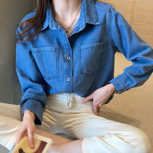 Denim Shirt Women's Hong Kong-style High-end Japanese-style Denim Top Retro Lazy Style Shirt Denim Coat Long-sleeved Trendy