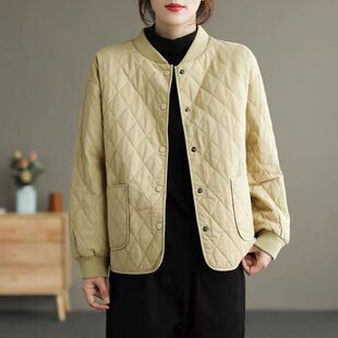 Cotton-padded cotton-padded jacket women's autumn and winter rhombus cotton-padded lightweight small cotton-padded jacket 2024 new mom's short solid color coat