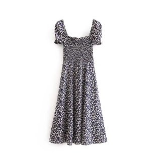 Spring and summer 2022 new European and American women's fashion square collar printed pleated split dress large skirt wholesale